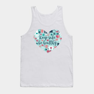 Keep safe be healthy // heart print // aqua background navy blue mint red white and coral medicine elements Tank Top